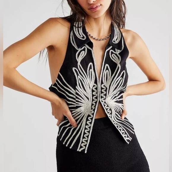 Free People Jackets & Blazers - FREE PEOPLE Head West Metallic Embroidered Vest - XS